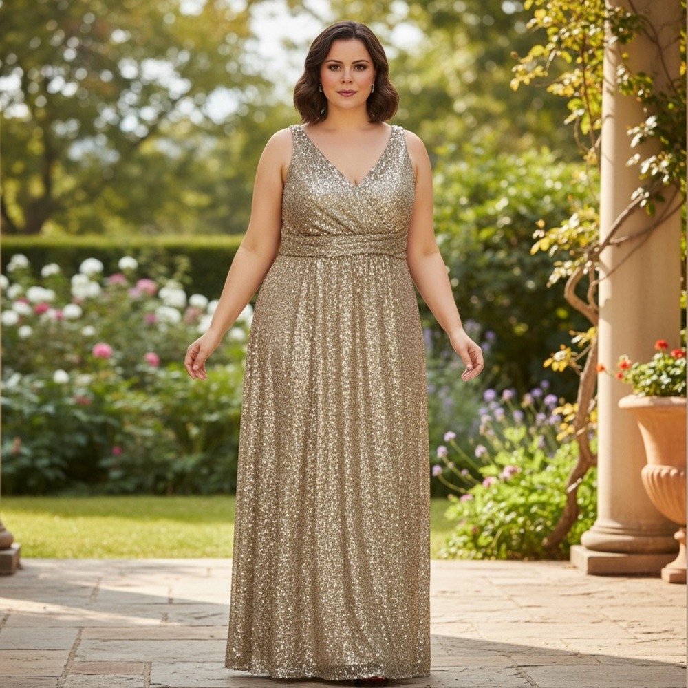 Davids Bridal Women's Sz 24 Wrap Top Gold Sequined Long Formal Gown Dress
